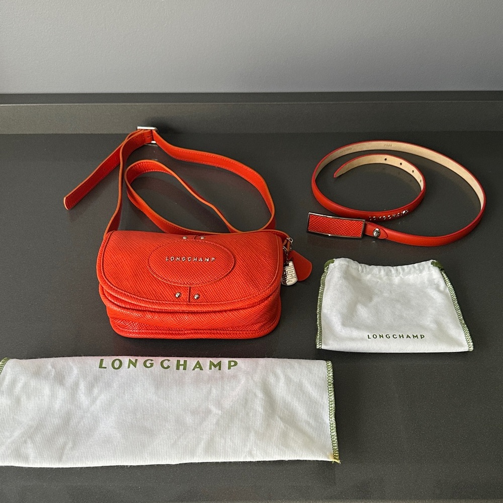 Longchamp Leather Vibrant Orange Crossbody Bag with matching belt!